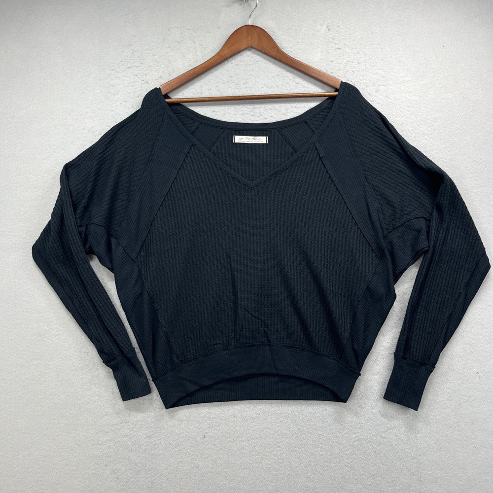 We The Free Thermal Top Womens XS Black V Neck Long Sleeve Waffle Knit Sweater